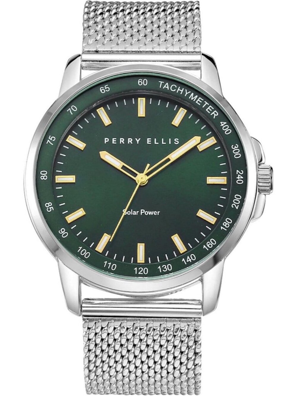 Men Silver Green Steel Mesh Band Aluminum Tachymeter Bezel WaterResistant Watch